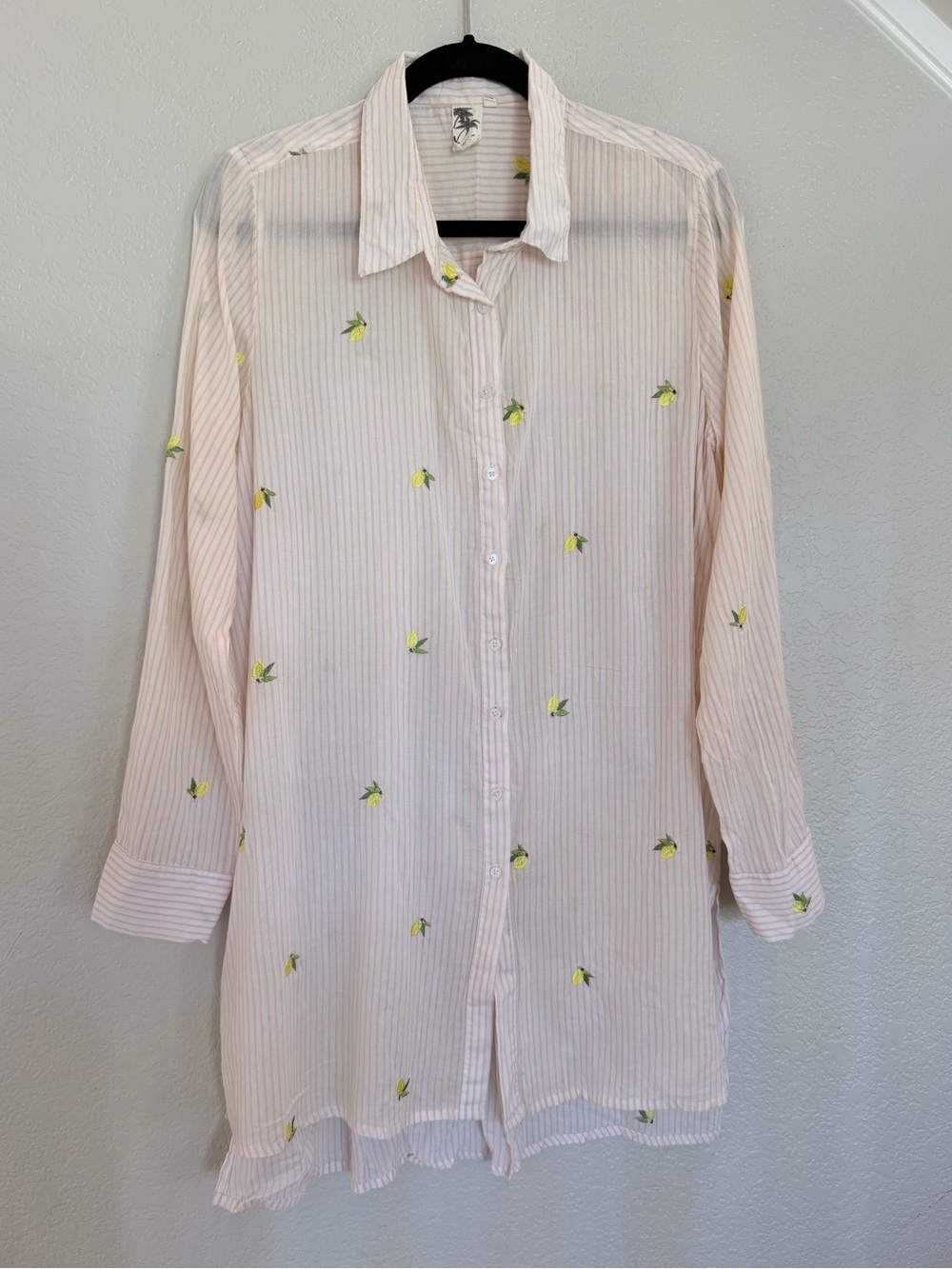 Violet Sky Pink Striped Lemon Embroidered Tunic Shirt Dress Size XL